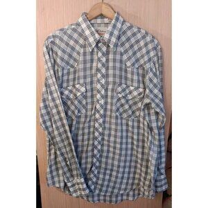 Bud Berma Westerner Shirt Mens Large‎ Blue Plaid Pearl Snap Western